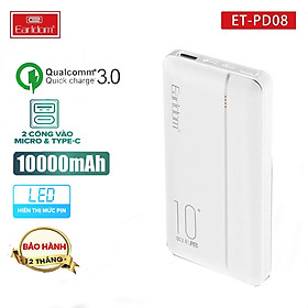 Pin sạc dự phòng 10.000 mAh Earldom PD08, 2 cổng vào Micro và Type C, công nghệ sạc nhanh QC 3.0, thiết kế nhỏ gọn dễ dàng mang theo, dùng cho iPhone/ Samsung/Oppo/Xiaomi/ – hàng chính hãng