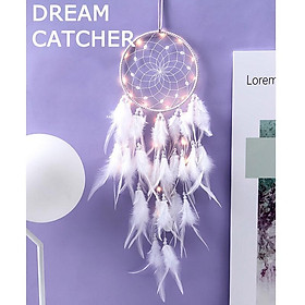 Dreamcatcher Đính Lông Vũ Có Đèn Led Trang Trí Phòng Ngủ Phòng Khách Tặng Kèm Móc Dán Tường