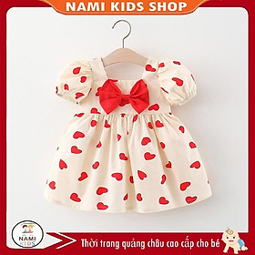 Đầm nơ tay bồng họa tiết trái tim dễ thương cho bé gái