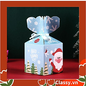 Hộp giấy Giáng sinh 9.5*8*8cm tự gấp hình viên kẹo, gắn Ruy băng Classy ; in họa tiết NOEL vui vẻ Q765