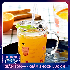cốc (ly) thủy tinh pha sữa có vạch đo thể tích 350ml, có nắp đậy, ống hút silicon đi kèm- tặng kèm thìa khuấy sữa