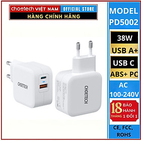 Củ sạc nhanh 38w 2 cổng (1 PD+ 1 USB A) Choetech PD5002- Hàng chính hãng