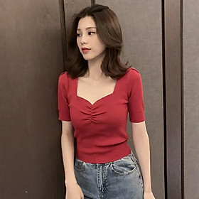 Women's Korean The Square Collar Pleated Short-Sleeved Sweater