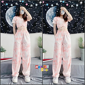 Set Bộ Áo Croptop Rút Dây Hoạ Tiết 3D Kèm Quần Long Pant Dài Dây Rút Cực Xinh - MM - L