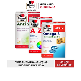 Combo bổ sung vitamin, khoáng chất, dầu cá, hỗ trợ tăng cường thị lực, giảm căng thẳng mệt mỏi  Doppelherz A Z Depot + Omega 3 + Anti Stress (03 hộp,30 viên/hộp)