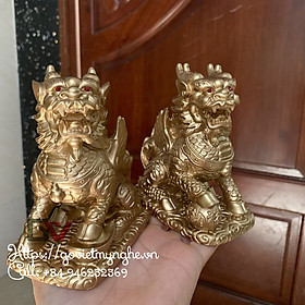 Mua Cặp 2 Tượng Đá Tỳ Hưu Phong Thủy 2 Sừng - Trang Trí Bàn Làm Việc - Cao 12cm - Màu nhũ đồng
