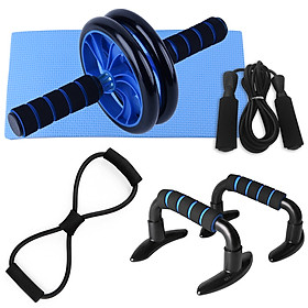 Bộ 5 dụng cụ tập gym tại nhà gồm con lăn tập cơ bụng dây nhảy cặp thanh chống đẩy dây kéo sô 8 và thảm