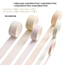 Hộp washi tape 6 cuộn vintage họa tiết kẻ caro cute xinh yêu dán sổ tay Lalunavn - A06