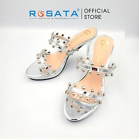Giày sandal cao gót nữ ROSATA RO588 xỏ ngón mũi tròn quai ngang đính hạt gót nhọn cao 8cm xuất xứ Việt Nam - Bạc