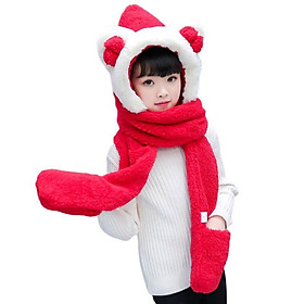 Cho Bé 3 Trong 1 Ấm Sang Trọng Mùa Đông Nón Dễ Thương Nơ Tai Gấu Trẻ Em Khăn Mitten Găng Tay Có Túi Earflap Áo Hoodie mũ Lưỡi Trai - one