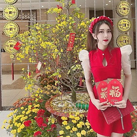 Đầm chơi tết cổ tàu phối voan màu đỏ dễ thương vải cotton lạnh