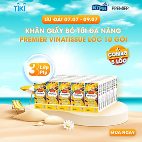 [COMBO 50 GÓI] Khăn giấy bỏ túi đa năng Premier VinaTissue 3 lớp 100% bột giấy nguyên sinh, không chất tẩy gói 10 tờ