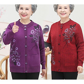 Áo khoác len trung niên nữ cho bà cho mẹ_ áo len dệt kim họa tiết hoa sang trọng
