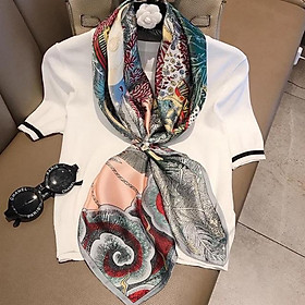 Khăn choàng cổ lụa vuông size 90x90cm in hoa văn - Khăn turban