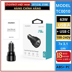 Tẩu sạc nhanh ô tô PD 63W CHOETECH TC0010 có 2 cổng ( 1 Type C+ 1 USB)- Hàng chính hãng