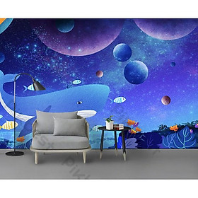 Tranh dán tường Vũ trụ cá heo trang trí phòng em bé, tranh dán tường 3d hiện đại (tích hợp sẵn keo) MS1180788