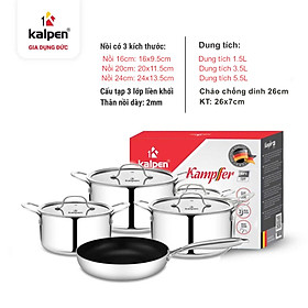 Mua Bộ 3 nồi và chảo inox 3 lớp liền khối Kalpen Kampfer KF2 bảo hành 30 năm