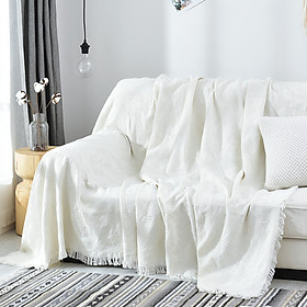 Chăn thảm trang trí phủ ghế sofa đan len tua rua màu trắng lưới