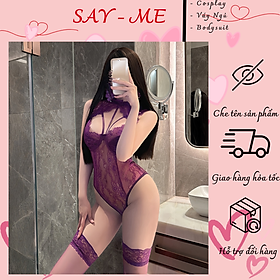 Tặng Kèm Tất - Bodysuit Ren Cổ Cao Xuyên Thấu Kèm Vớ Gợi Cảm Bodysuit Tím Mộng Mị – Bộ Đồ Ren Cổ Cao Xuyên Thấu Kèm Vớ Sexy C091