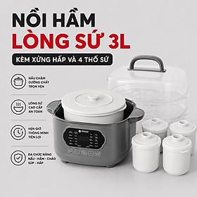 Mua Nồi nấu chậm lòng sứ 3L Mishio MK397 kèm xửng hấp và 4 thố sứ tiện lợi không lo cháy khét hay bong tróc chống dính - Hàng chính hãng