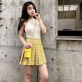 Đầm xòe caro tay lỡ kèm dây màu vàng nữ tính