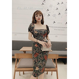 Đầm ôm nữ in họa tiết mặc 2 kiểu y hình, Chất coton co dãn