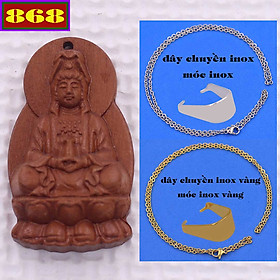 Mặt Phật Quan âm bồ tát gỗ đào kèm vòng cổ dây chuyền inox - Mặt dây chuyền Phật gỗ, Mặt Phật Phong thủy Bình an