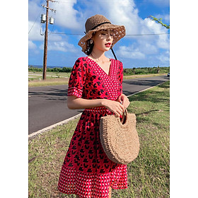 Váy maxi lửng dáng xòe, họa tiết thổ cẩm nổi bật, chất dày đẹp, đầm nữ vintage cổ chữ V, váy đi biển, du lịch đẹp | MX012