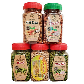 Combo 5 hũ Đậu Phộng Tỏi Ớt + Đậu Phộng Da Cá + Đậu Hà Lan rang muối + Đậu Hà Lan rang tỏi ớt +Đậu Nành Sấy (Hũ 250g)