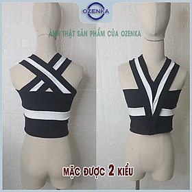 Áo croptop sát nách cổ chữ V kẻ sọc phong cách âu mỹ dệt kim OZENKA hai dây bản to vải gân 100% cotton mềm mịn