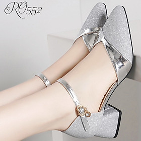 Giày cao gót nữ đẹp đế vuông 4 phân hàng hiệu rosata hai màu đồng bạc da mềm ro552