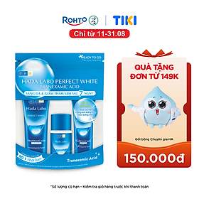 Bộ travel size dưỡng trắng Hada Labo Perfect White Tranexamic Acid Travel Set (Kem rửa mặt 15g+Dung dịch dưỡng 20ml+Kem dưỡng 12g)