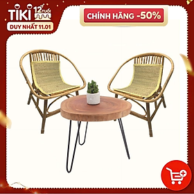 Mua (Combo siêu tiết kiệm) Bộ bàn ghế mây sò tự nhiên và bàn gỗ xà cừ  phù hợp làm quán Cafe / ban công gia đình / Homestay