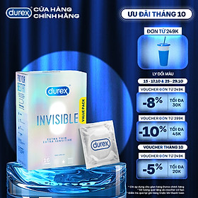 Bao Cao Su Durex Invisible Siêu Mỏng, Size 52 mm, Hộp 16 Bao Mới Ra Mắt - Hộp Lớn Siêu Tiết Kiệm