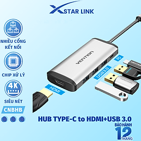 Cáp chuyển đổi Type-C sang HDMI + 3 cổng USB 3.0 + Type-C PD  Vention CNBHB - hàng chính hãng