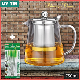 Bình pha trà thủy tinh crysttan có lõi lọc trà và nắp inox - tặng sét 4 cọ vs vòi ấm