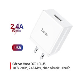 Củ sạc 2.4A Hoco DC01 Plus 1 cổng USB chân dẹt chất liệu chống cháy cao cấp - Hàng chính hãng