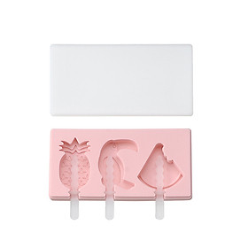 Cute Silicone Ice Mold with Lid Ice Cream Mold Popsicle Molds DIY Ice Bar Mould with Reusable Sticks Specification:3 Cavity fruit bird pink