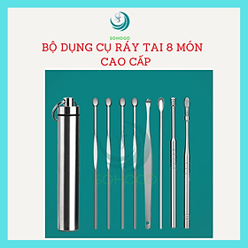 Bộ dụng cụ ráy tai bằng thép không gỉ cao cấp 8 món kèm hộp đựng kiêm móc