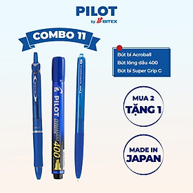 Combo Pilot 11 : Bút bi Acroball mực xanh, Bút lông dầu màu xanh, Bút bi Super Grip.G mực xanh