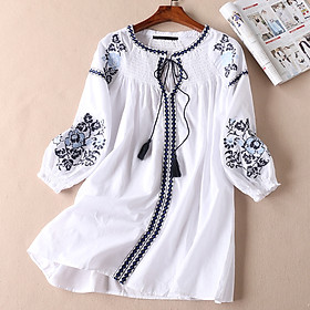 Đầm suông linen thêu hoa trẻ trung LAHstore, thời trang phong cách Hàn - Trắng