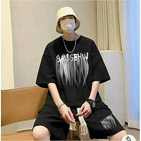 Bộ quần áo unisex ngắn tay phối dây rút in họa tiết SAUSBHW phong cách Hàn Quốc, Set áo thun mix quần short phong cách thể thao