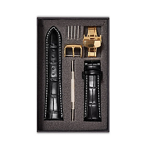 Dây đồng hồ Handmade Da Cá Sấu Đen Chỉ Trắng Size 20/22mm - Dây Đeo Da Cá Sấu Thật 100% - Bảo Hành 12 Tháng