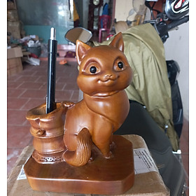 Tượng con mèo cắm bút ,cắm tăm ,gỗ bách xanh thơm phức kt 15×13×9cm 