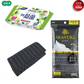 Combo khăn tắm tạo bọt mềm mại Awayuki + Khăn ướt khử trùng 20 tờ, không cồn - nội địa Nhật Bản