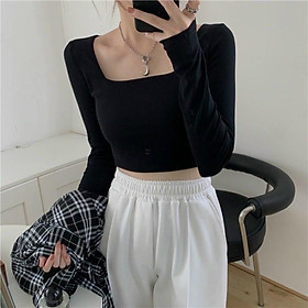 áo croptop cổ vuông tay dài chất thun borip cao cấp -N