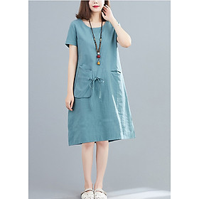 Đầm suông cổ tròn phối túi hộp LAHstore, chất đũi mềm mát thấm hút mồ hôi, thời trang phong cách Hàn