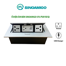 Ổ điện âm bàn họp Sinoamigo STS-212GST-1. Chất liệu hợp kim màu bạc. Tích hợp 3 ổ điện, 1 USB sạc 5V-2.1A - Hàng chính hãng