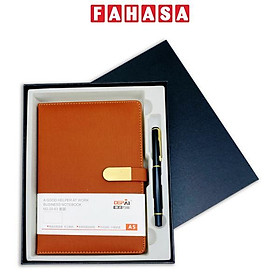 Bộ Quà Tặng Sổ Bìa Da Khóa Gài Kim Loại Kèm Bút Ký - 232 Trang 80gsm - Depai NO.25-63 - Mực Xanh - Màu Nâu Bò