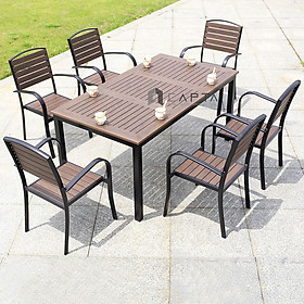 Bộ bàn ăn giả gỗ ngoài trời màu nâu Nội thất Capta SL TE2034-160A / CC2028-A Bộ bàn ăn 6 ghế outdoor cho sân vườn, sân thượng